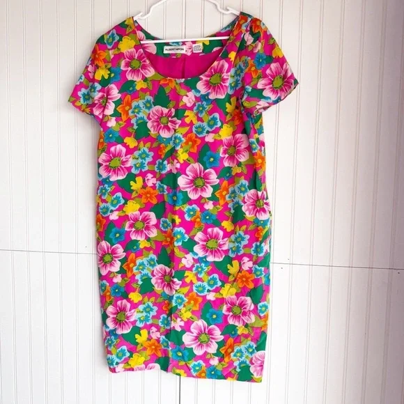 Albert Nipon Size 12 100% Silk Vibrant Floral Shift Dress Vintage - Picture 1 of 5